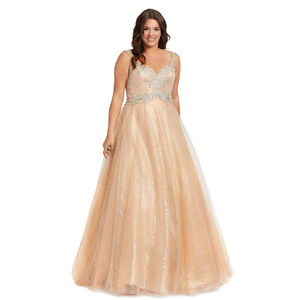 Mac Duggal 65037 Peach Sequin & Bead Corset Back Plus Size Formal Gown, 14W